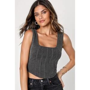 Lulus Flirty Status Charcoal Ribbed Cropped Corset Tank Top Black - Size M